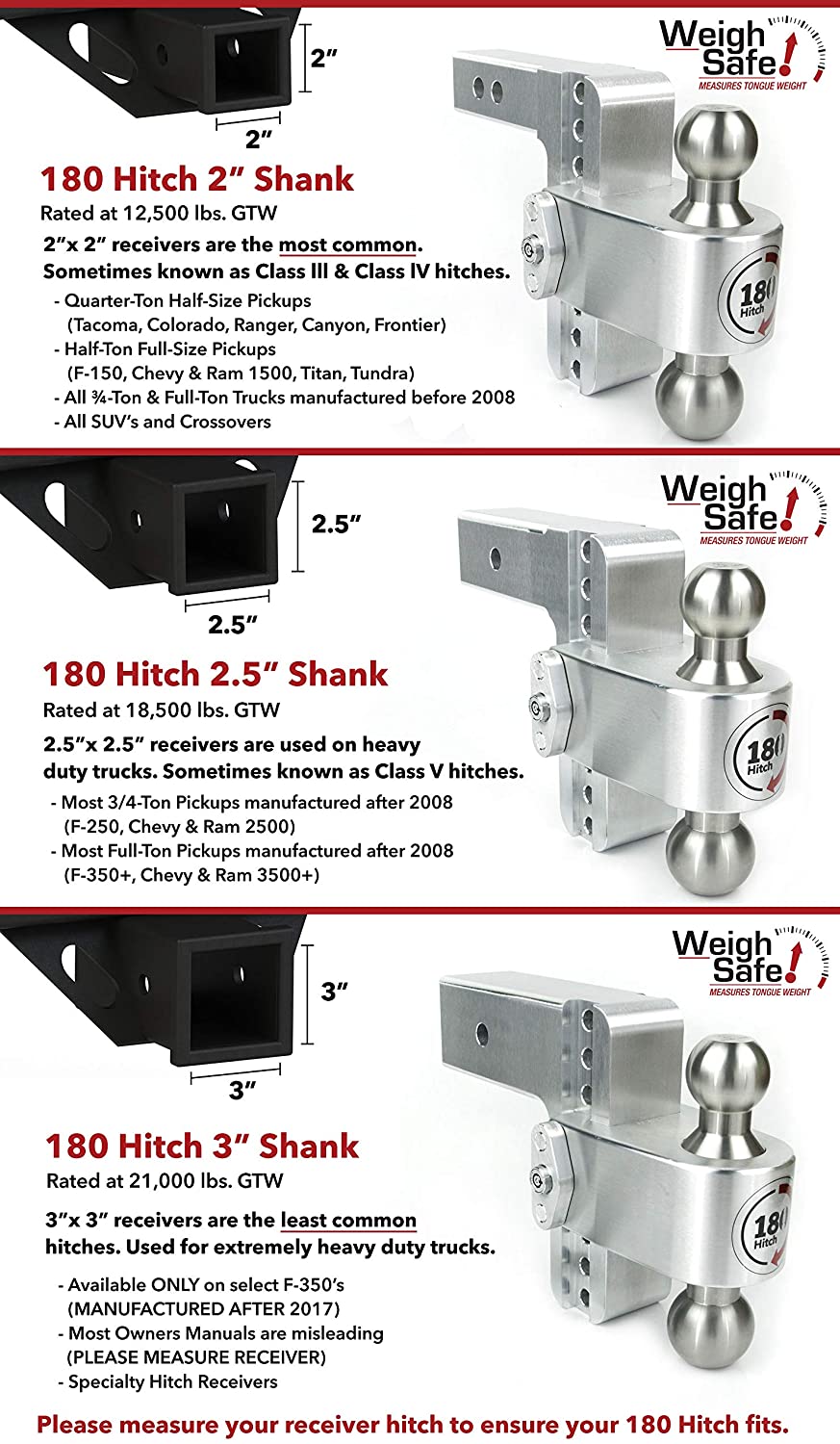 2 & 2-5/16 Weigh Safe CTB4-2.5 and a Double-pin Key Lock Chrome Plated Steel Combo Ball 4 Drop 180 Hitch w/ 2.5 Shank/Shaft Adjustable Aluminum Trailer Hitch & Ball Mount